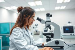 Scientist in a modern lab examining a microscope. The woman wearing a white coat and glasses is focused on research. Clean, bright environment with white walls and laboratory equipment in the background. Science, research, laboratory, microscopy.