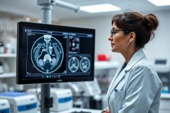 Female doctor in a medical lab examining a CT scan on a monitor. The image depicts diagnostic imaging, healthcare, and medical technology with a focus on analysis and patient care in a clinical setting. White lab coat, modern equipment, and diagnostic visuals are prominent.