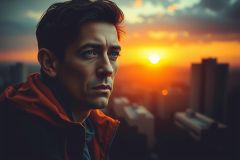 The image features a man with short brown hair, looking over his shoulder with a contemplative expression. He is wearing a red jacket and appears to be in an urban setting at sunrise or sunset, as indicated by the warm glow of the skyline in the background.