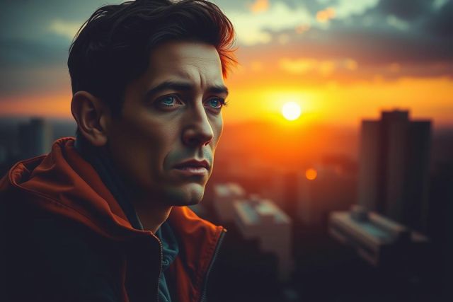 The image features a man with short brown hair, looking over his shoulder with a contemplative expression. He is wearing a red jacket and appears to be in an urban setting at sunrise or sunset, as indicated by the warm glow of the skyline in the background.
