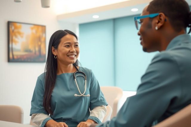 Doctor consulting with a patient in a modern office setting. The doctor wears a teal scrubs and stethoscope, conveying a healthcare professional's presence.  Warm and cool colors create a welcoming atmosphere.