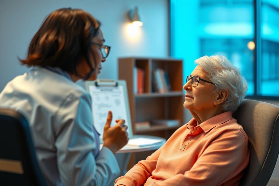 Doctor consults with a patient in a bright office setting. The doctor wears a white coat, while the patient is seated comfortably. A warm, friendly atmosphere is conveyed during the consultation.