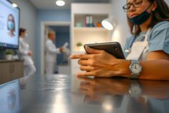 Healthcare worker using a tablet in a modern medical office setting. Focus on technology and patient care in a bright, clean environment. Blue scrubs, watch, and tablet are visible.