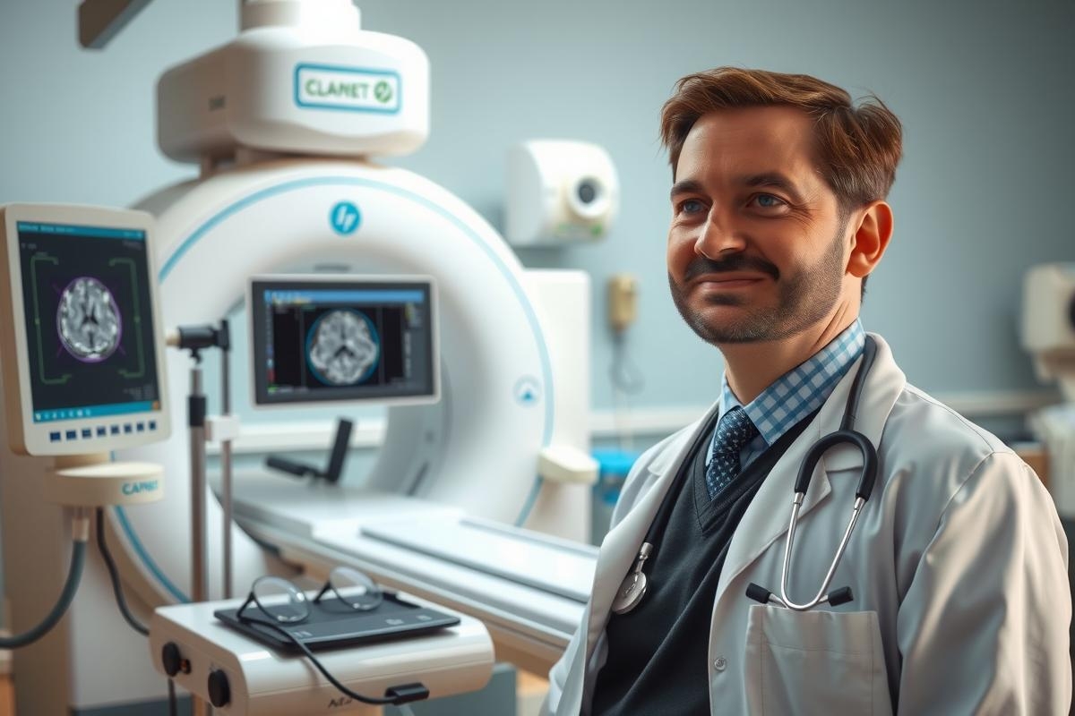 The image features a man wearing a white lab coat, sitting in front of an MRI machine. He appears to be a medical professional, possibly a radiologist or neurosurgeon, given his attire and the context of the equipment around him.