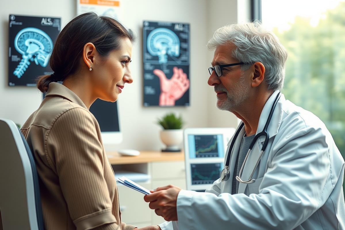 The image depicts a professional medical office setting. A doctor is seen in the process of examining or consulting with a patient, likely discussing health concerns or recommendations.