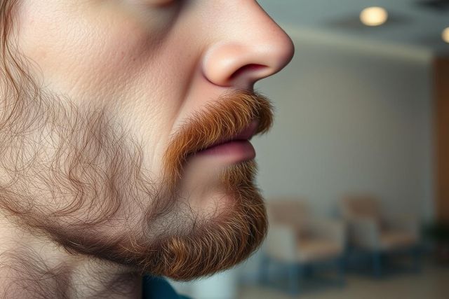 Close-up profile of a man with a prominent, reddish-brown handlebar mustache and beard. The image showcases detailed facial hair against a blurred background suggesting an indoor setting. Focus on masculine features and beard styling.