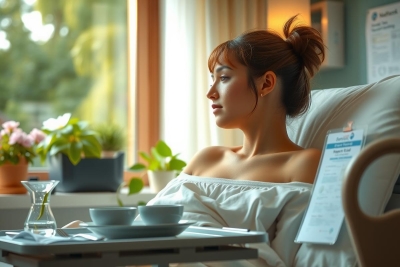 A woman lying in a hospital bed, wearing a sleeveless top and uncovered top. The room is bright with sunlight coming from the window and there are potted plants on the windowsill. She has a serious expression on her face.