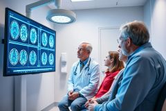 Medical consultation in a bright, modern clinic. A doctor in a white coat explains MRI brain scans displayed on a large screen to a concerned patient and family member. Blue and white tones dominate, emphasizing a healthcare setting and diagnostic imaging.