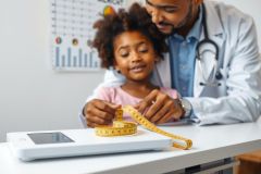 A pediatrician measures a young child's height with a measuring tape in a clinic. The doctor wears a white coat and stethoscope.  Healthcare, child health, and medical examination are key themes.