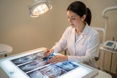 Dentist in a lab coat studying dental X-rays on a light table, marking films during an orthodontic assessment.