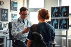 The image depicts a medical exam scenario. A doctor wearing a lab coat and glasses sits at a desk. The doctor appears to be reviewing images or discussing them with a patient seated across from him.