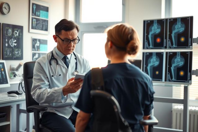 The image depicts a medical exam scenario. A doctor wearing a lab coat and glasses sits at a desk. The doctor appears to be reviewing images or discussing them with a patient seated across from him.