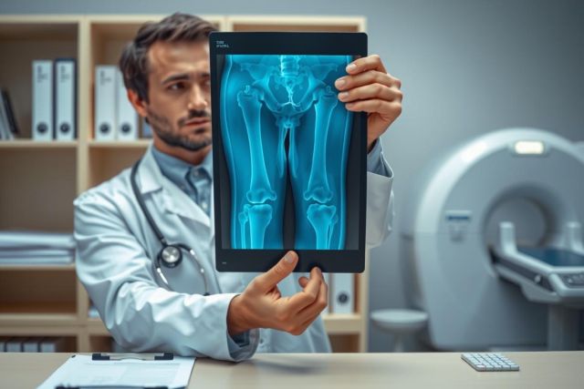 The image shows a doctor in a medical setting holding an iPad displaying a 3D model of a patient's knee. The doctor is dressed in professional attire and appears focused on the screen, indicating he might be reviewing scans or conducting a consultation.