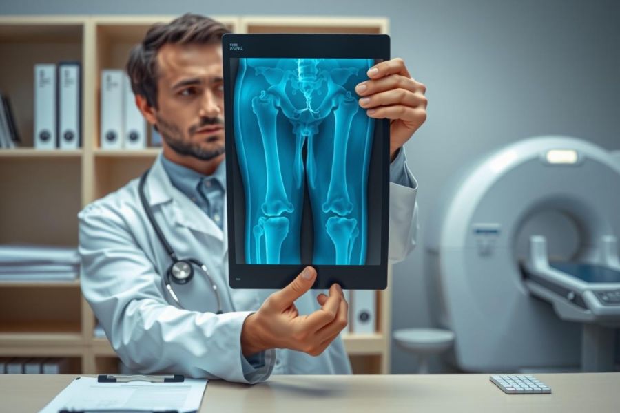 The image shows a doctor in a medical setting holding an iPad displaying a 3D model of a patient's knee. The doctor is dressed in professional attire and appears focused on the screen, indicating he might be reviewing scans or conducting a consultation.
