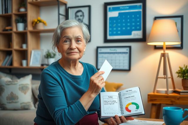 The image features an elderly woman seated on a couch in what appears to be a well-lit living room. She is holding and pointing at a document or notebook, which seems to contain some sort of instructions or information she might be reviewing.