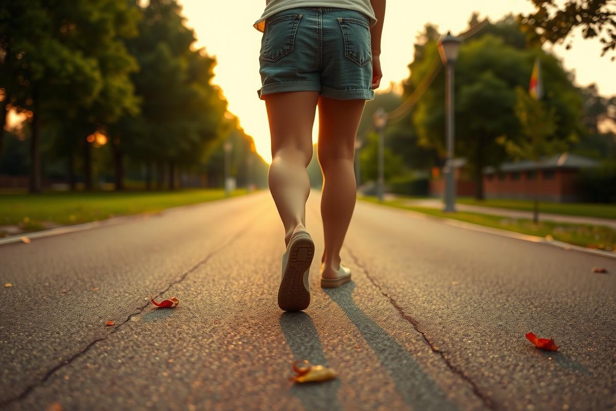 The image depicts a person walking alone down a sunlit street during what appears to be late afternoon or early evening. The individual is captured from behind, looking towards the setting sun.