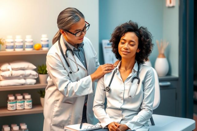 The image depicts a professional setting where two medical practitioners are interacting. One individual, likely a nurse or healthcare professional given the context, is conducting a physical examination of another person who appears to be in good health. The environment suggests a clinical or medical office space with standard equipment and a desk containing medications or supplies. The color palette is muted with the focus on the interaction between the practitioners.