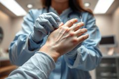 Doctor examining a patient's hand with a rash in a medical clinic. Close-up image shows blue gloves, a blue medical coat, and the skin condition. Healthcare, dermatology, and skin health concepts are present. Bright, clinical setting.