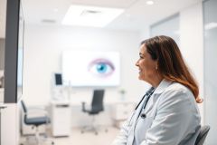 Female ophthalmologist in a modern clinic examining an eye image on a screen. The doctor, wearing a white coat and stethoscope, appears thoughtful in a bright, clean office setting. Focus on eye health and medical technology.