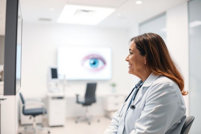 Female ophthalmologist in a modern clinic examining an eye image on a screen. The doctor, wearing a white coat and stethoscope, appears thoughtful in a bright, clean office setting. Focus on eye health and medical technology.