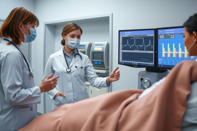 Doctor examining a patient in a hospital room. Medical equipment, monitors displaying vital signs, and a focus on healthcare setting. Professional medical staff and patient interaction.