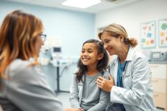 Doctor and mother comfort a young girl during a pediatric checkup in a bright, clean clinic. The image depicts healthcare, child wellness, and a reassuring doctor-patient interaction. Blue and white tones dominate the medical environment.