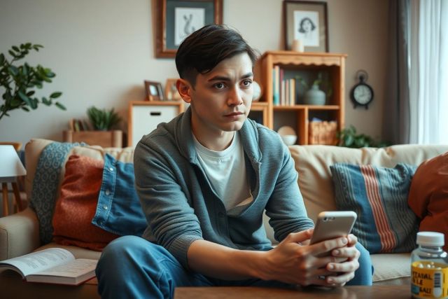 In the image, there is a young man sitting on a beige couch in a modern living room. He's wearing a grey sweater and appears to be engrossed in something on his cell phone. The room has wooden floors and white walls, creating a minimalist yet comfortable atmosphere.
