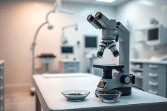 Laboratory scene featuring a microscope and petri dishes with seeds. A bright, clean lab environment with medical equipment in the background. Focus on scientific research, biology, and microscopy. Cool tones and a professional, sterile aesthetic.