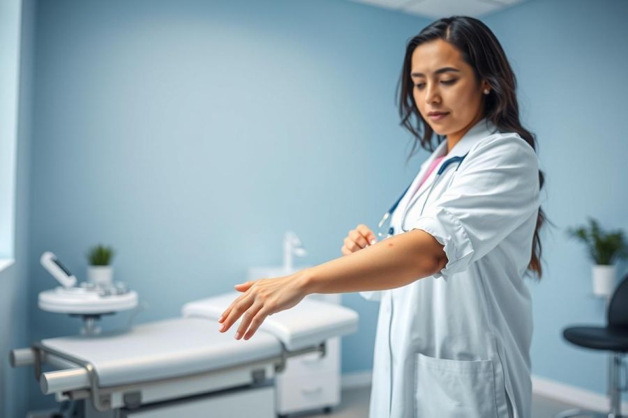 Female doctor in a blue examination room, wearing a white coat and stethoscope, demonstrating or explaining something with her hand. Healthcare professional, medical consultation, patient care setting. Bright, clean environment.