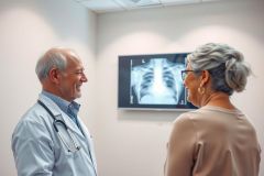Doctor discusses x-ray results with patient in a medical office. Healthcare professional review diagnostic imaging, promoting patient care and wellness.