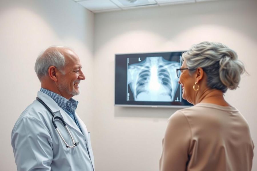 Doctor discusses x-ray results with patient in a medical office. Healthcare professional review diagnostic imaging, promoting patient care and wellness.