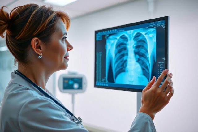 Doctor examining a chest X-ray on a monitor. Healthcare professional reviewing medical imaging in a clinical setting. Diagnostic radiology, medical assessment, healthcare.