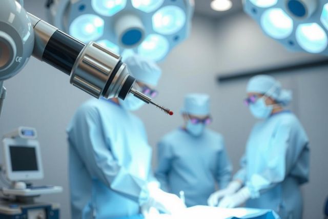 Surgical team performing a procedure in an operating room. Close-up of robotic arms and instruments, showcasing advanced medical technology. Blue scrubs, sterile environment, focused on precision and patient care.