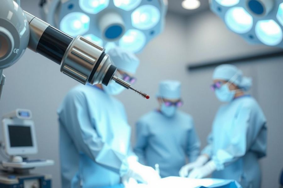 Surgical team performing a procedure in an operating room. Close-up of robotic arms and instruments, showcasing advanced medical technology. Blue scrubs, sterile environment, focused on precision and patient care.