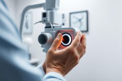 Close-up of a dentist using an intraoral camera during an examination. The modern dental equipment features a red light, set against a clean, white clinic background. Focus on precision and dental technology.