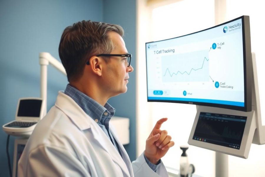 Doctor in a medical lab examining data on a screen. He wears a white coat and glasses, looking at graphs. The setting features lab equipment and a clean, modern aesthetic.
