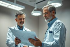 Two male doctors in white coats examining medical charts in a brightly lit hospital or clinic setting. Focus on healthcare professionals, medical consultation, and diagnostic review. Blue and white color palette, professional atmosphere.