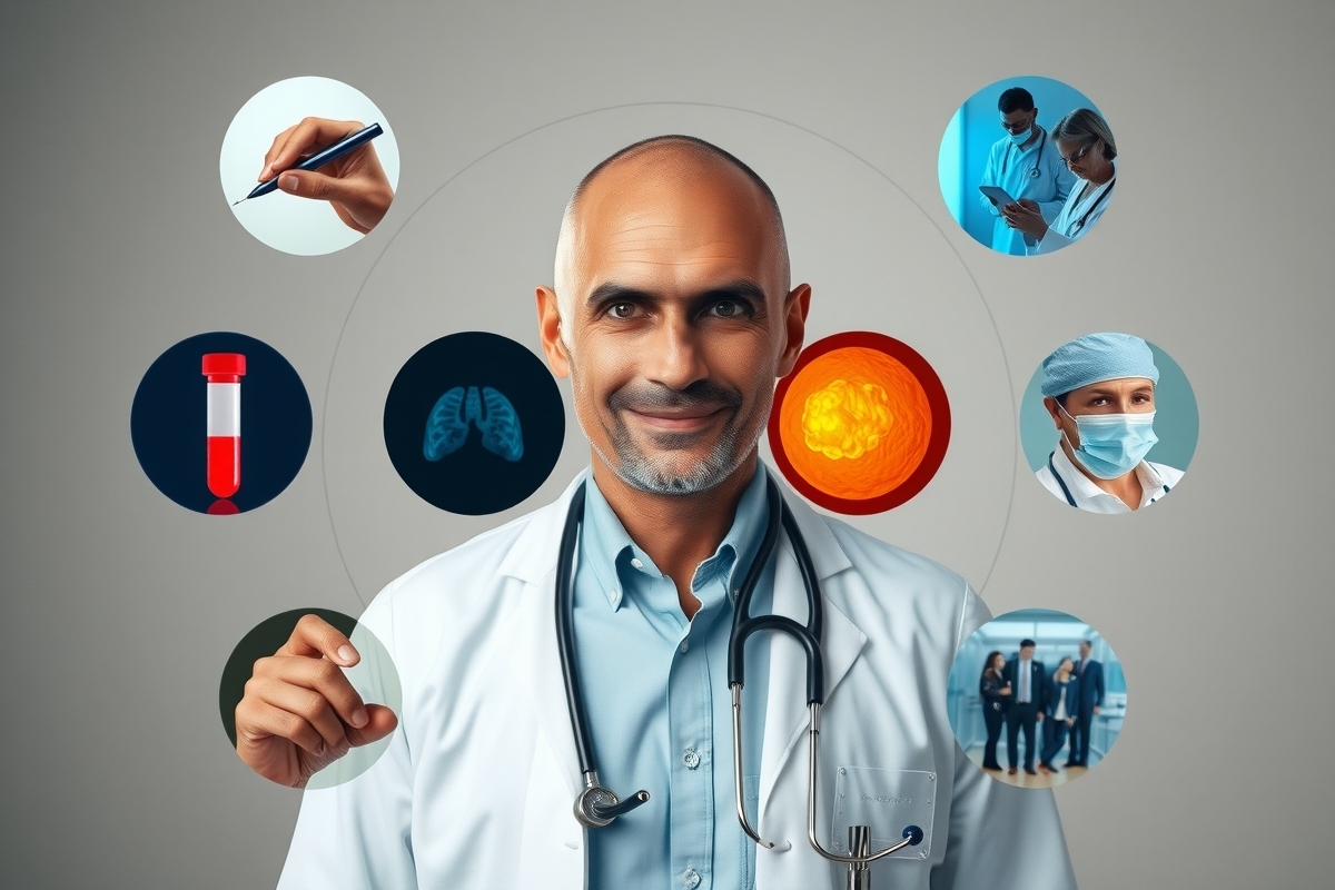 The image portrays a man in a white lab coat and tie, smiling as he is surrounded by circles containing various medical symbols. The man appears to be in a laboratory setting with a gray background. The circles surrounding him contain symbols such as an orange pill bottle, blue brain scan, blood test tube, red thermometer, and a microscope among others. These symbols are indicative of medical practices and the role of a doctor in healthcare. The image seems to convey a sense of professionalism and dedication towards the field of medicine.