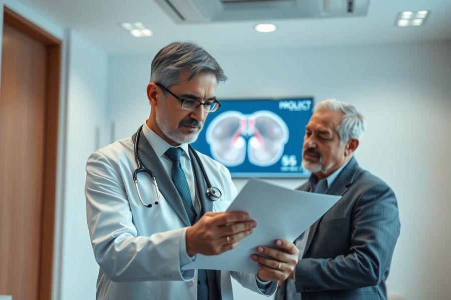 Doctor and patient reviewing medical documents in a modern hospital setting. The image features a male doctor in a white coat and glasses, examining paperwork with a grey-haired patient. A lung X-ray is visible in the background. Healthcare, medical consultation, and diagnostics are key themes.