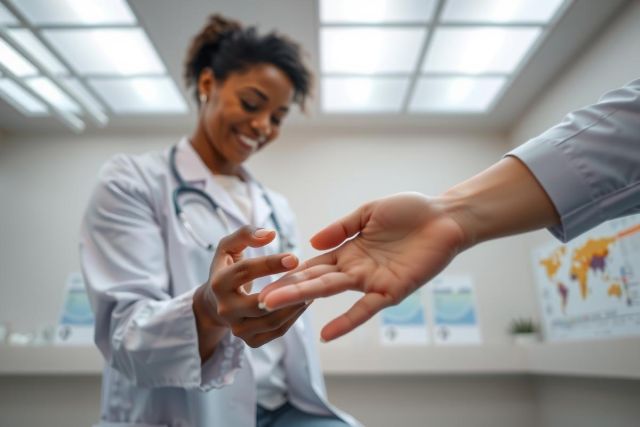 Doctor examining patient's hand in a medical clinic. Healthcare professional in white coat performs physical assessment. Focus on patient care and medical examination in a clinical setting.
