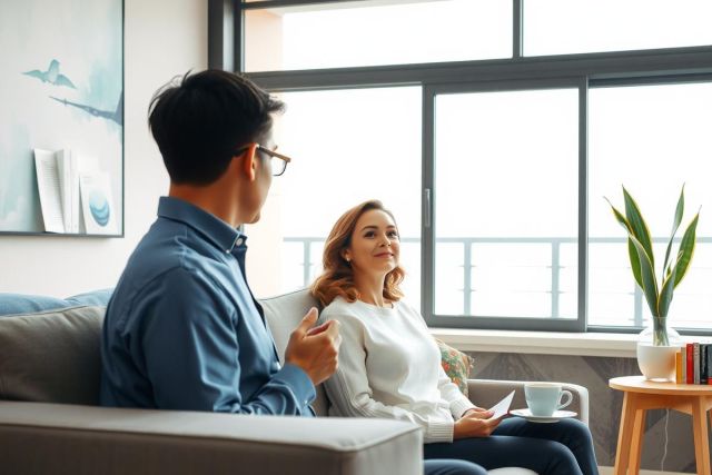 The image shows a man and woman in a modern living room. The setting suggests they are engaged in a conversation, with the woman seated on a sofa and the man standing beside it. There is a coffee table between them holding a cup of coffee, indicating a casual and friendly atmosphere. The room has large windows allowing natural light to flood in, contributing to the open and welcoming ambiance.
