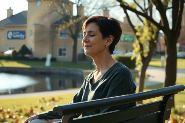 A woman sitting on a bench, smiling and looking at the camera. She has short hair and is wearing a green top. The setting appears to be a park with trees and a lake in the background.