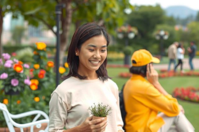A woman smiling while holding a plant in her hand, standing in a park with various flowers and greenery around. She's wearing casual clothes suitable for outdoor activities.