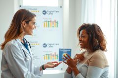 A female doctor in a white coat speaks with a patient in a medical office setting. The scene conveys a healthcare consultation, showcasing communication and professional care.