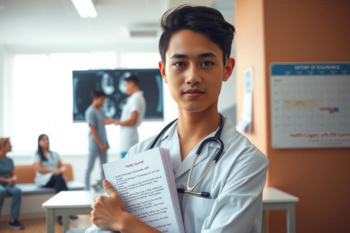 A young male doctor in a hospital setting, holding papers and wearing a white coat with stethoscope around his neck.