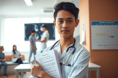 A young male doctor in a hospital setting, holding papers and wearing a white coat with stethoscope around his neck.