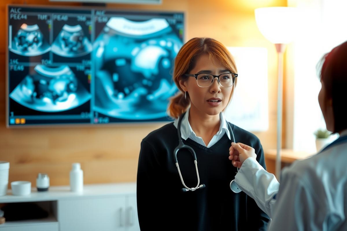 The image depicts a professional setting, possibly a doctor's office or hospital. In the foreground, there is a woman dressed in medical attire, including a stethoscope around her neck, suggesting she is a healthcare provider such as a nurse or physician. She appears focused and may be listening to instructions given by a colleague whose face is obscured from view.
