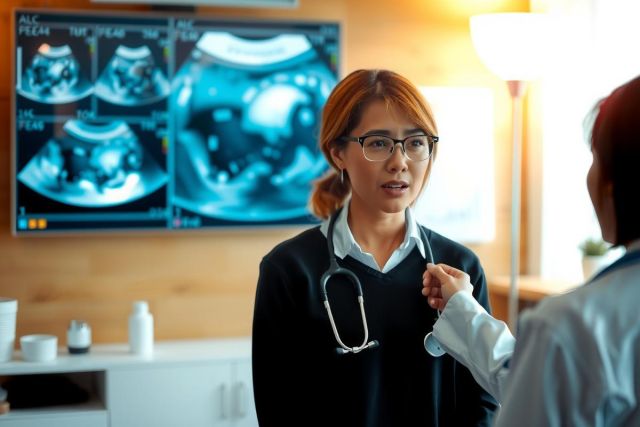 The image depicts a professional setting, possibly a doctor's office or hospital. In the foreground, there is a woman dressed in medical attire, including a stethoscope around her neck, suggesting she is a healthcare provider such as a nurse or physician. She appears focused and may be listening to instructions given by a colleague whose face is obscured from view. 