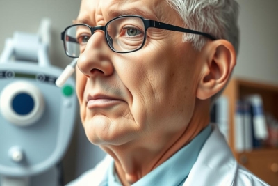 An elderly man in glasses is seated at a table with medical equipment, which includes an ECG machine. He appears thoughtful or perhaps concerned, looking away from the camera.