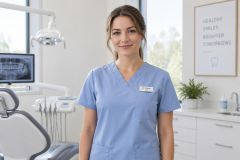 Smiling dental professional in scrubs standing in modern treatment room with chair and X‑ray.